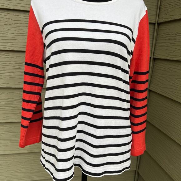 J. CREW women's size M, white, black stripes & coral striped sleeves sweater - Picture 2 of 7